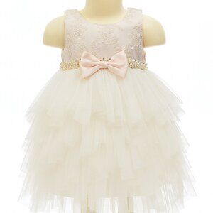 Elegant Pink & Cream Baby Dress with Bow – Size 12 Months